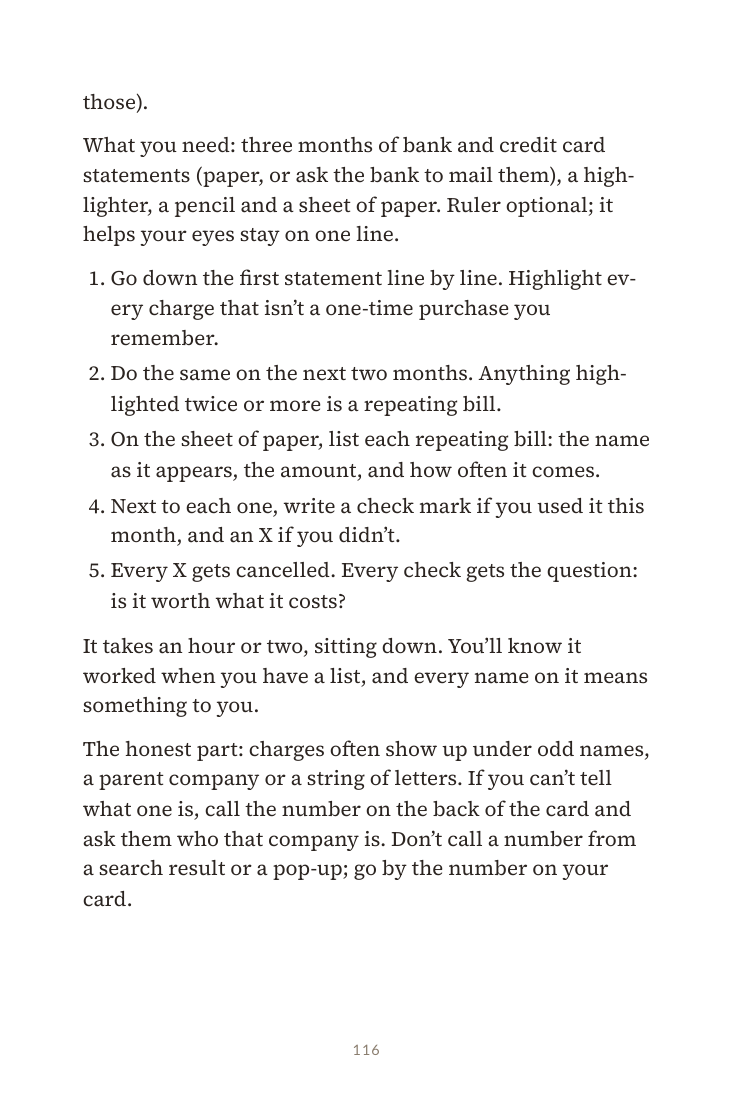 Page 116: the three-month statement audit and steps for reviewing recurring charges